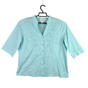 Womens TanJay Teal Embroidered Blouse Button Up 3/4 Sleeve Cotton Blend Size 14